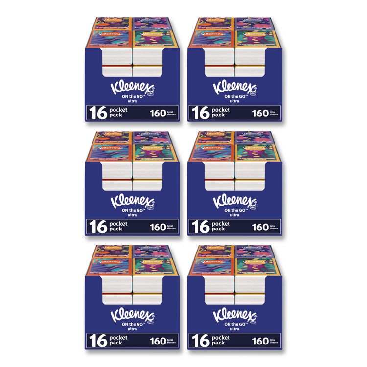 On The Go Packs Facial Tissues, 3-Ply, White, 10 Sheets/Pouch, 16 Pouches/Pack, 6 Packs/Carton