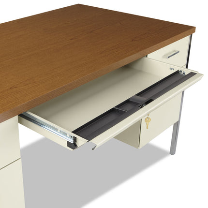 Double Pedestal Steel Desk, 60" x 30" x 29.5", Cherry/Putty, Chrome-Plated Legs