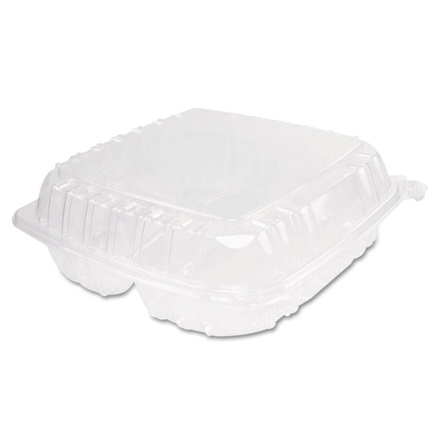 ClearSeal Hinged-Lid Plastic Containers, 3 Compartments, 9.4 x 8.9 x 3, Plastic, 100/Bag, 2 Bags/Carton