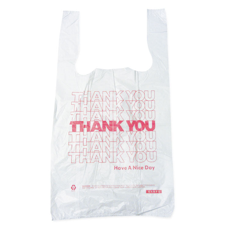Thank You High-Density Shopping Bags, Have a Nice Day Labeling, Cut-Out Handles, 10" x 5" x 19", White/Red, 2,000/Carton
