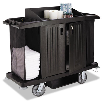 Housekeeping Cart, Plastic, 3 Shelves, 2 Bins, 22" x 60" x 50", Black