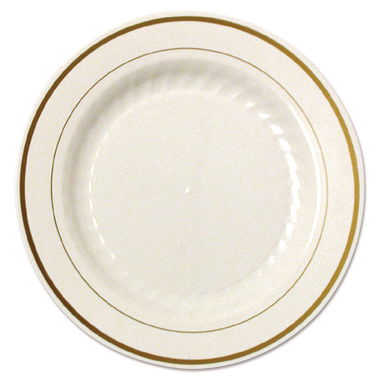 Masterpiece Plastic Plates, 9" dia, Ivory/Gold, 10/Pack, 12 Packs/Carton