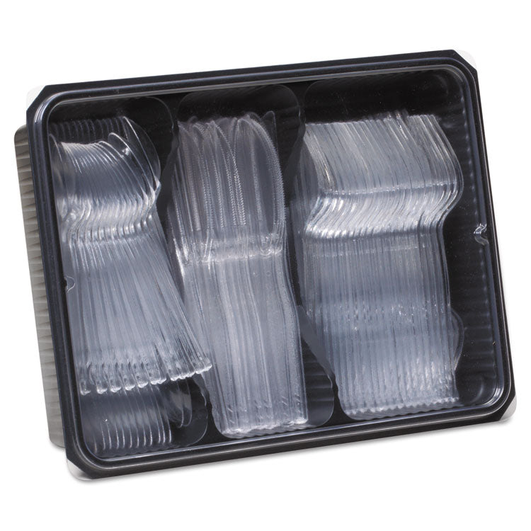 Cutlery Keeper Tray with Clear Plastic Utensils, Heavyweight, Fork/Knife/Spoon, Plastic, Crystal Clear, 1,800/Carton