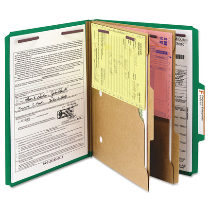 6-Section Pressboard Top Tab Pocket Classification Folders, 6 SafeSHIELD Fasteners, 2 Dividers, Letter Size, Green, 10/Box