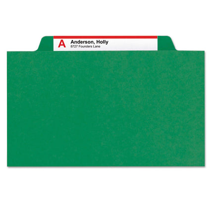 Eight-Section Pressboard Top Tab Classification Folders, Eight SafeSHIELD Fasteners, 3 Dividers, Letter Size, Green, 10/Box