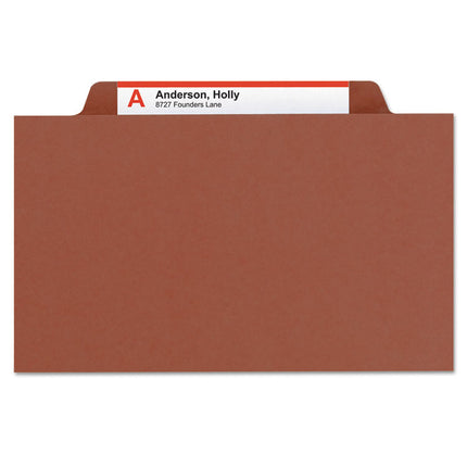 Pressboard Classification Folders, Six SafeSHIELD Fasteners, 2/5-Cut Tabs, 2 Dividers, Letter Size, Red, 10/Box