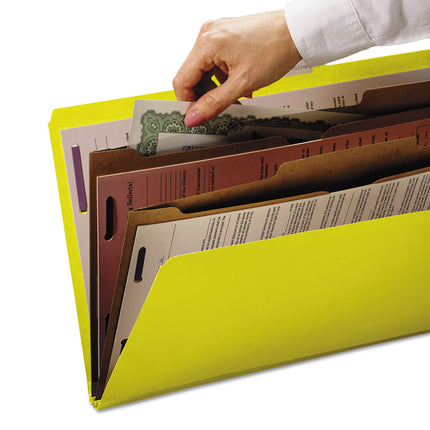 6-Section Pressboard Top Tab Pocket Classification Folders, 6 SafeSHIELD Fasteners, 2 Dividers, Letter Size, Yellow, 10/Box