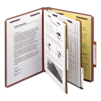 Pressboard Classification Folders, Six SafeSHIELD Fasteners, 2/5-Cut Tabs, 2 Dividers, Letter Size, Red, 10/Box