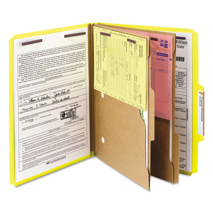 6-Section Pressboard Top Tab Pocket Classification Folders, 6 SafeSHIELD Fasteners, 2 Dividers, Letter Size, Yellow, 10/Box