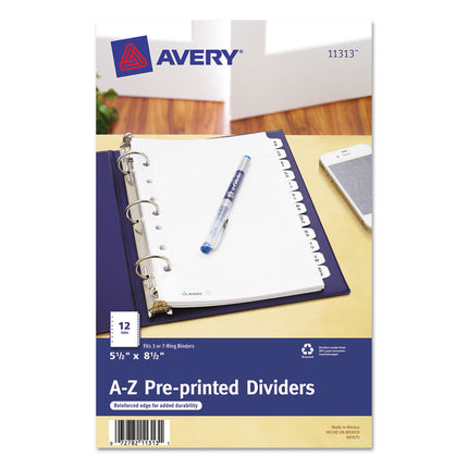 preprinted tab dividers, 12-tab, a to z, 8.5 x 5.5, white, 1 set