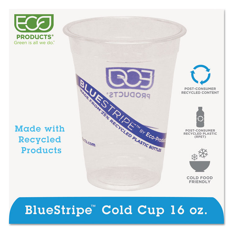 BlueStripe 25% Recycled Content Cold Cups, 16 oz, Plastic, Clear/Blue, 50/Pack, 20 Packs/Carton