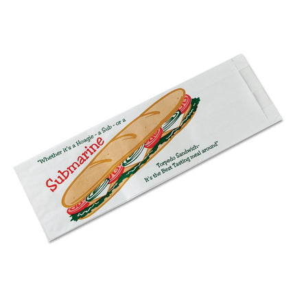 Sub Sandwich Bags, Submarine: Torpedo Sandwich Icon Labeling, 4.5" x 2" x 14", White/Red/Green, 1,000/Carton