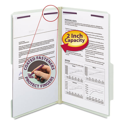 Recycled Pressboard Folders, Two SafeSHIELD Coated Fasteners, 2/5-Cut: R of C, 2" Expansion, Legal Size, Gray-Green, 25/Box