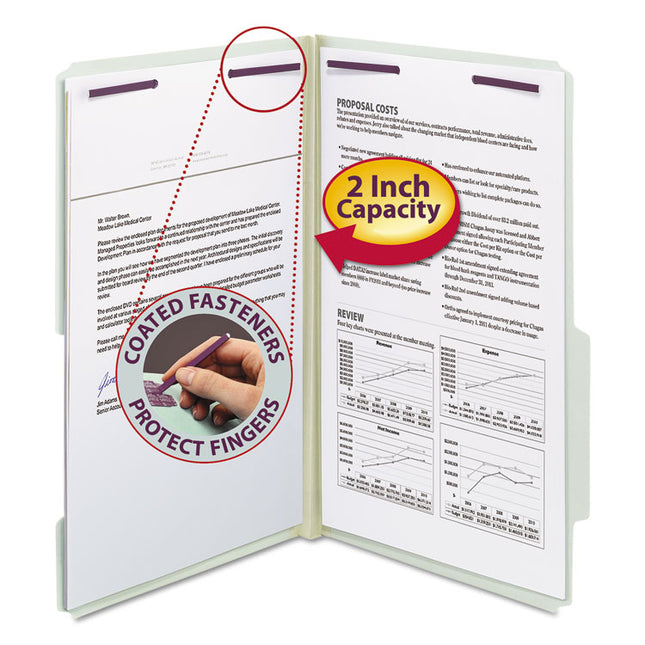 Recycled Pressboard Folders, Two SafeSHIELD Coated Fasteners, 2/5-Cut: R of C, 2" Expansion, Legal Size, Gray-Green, 25/Box