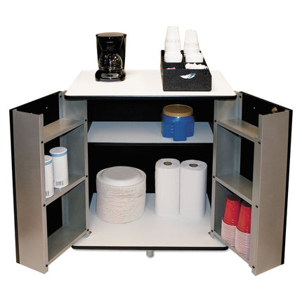 Refreshment Stand, Engineered Wood, 9 Shelves, 29.5" x 21" x 33", White/Black