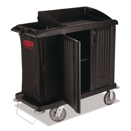 Multi-Shelf Cleaning Cart with Locking Cabinet, Plastic, 4 Shelves, 1 Bin, 22" x 49" x 50", Black