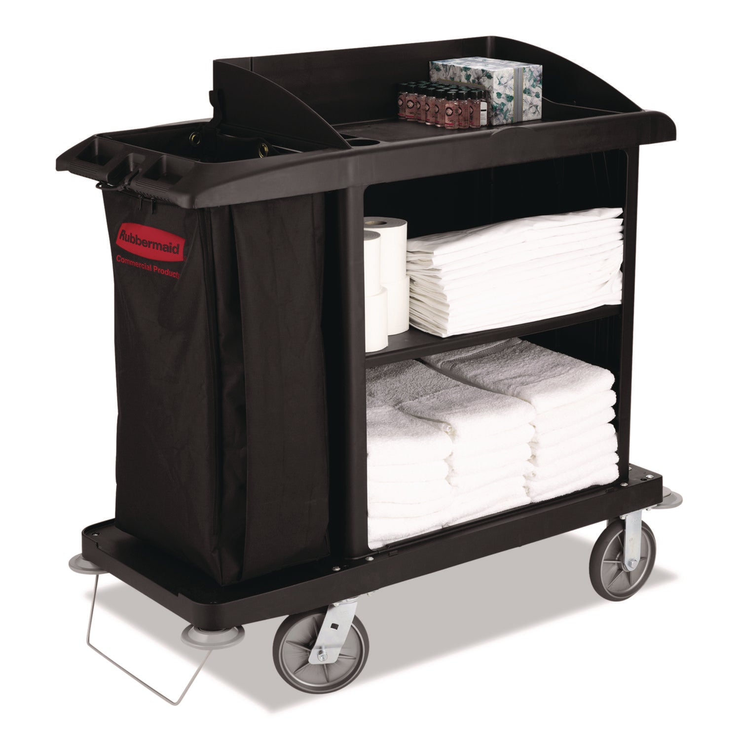 Multi-Shelf Cleaning Cart, Plastic, 4 Shelves, 1 Bin, 22" x 49" x 50", Black