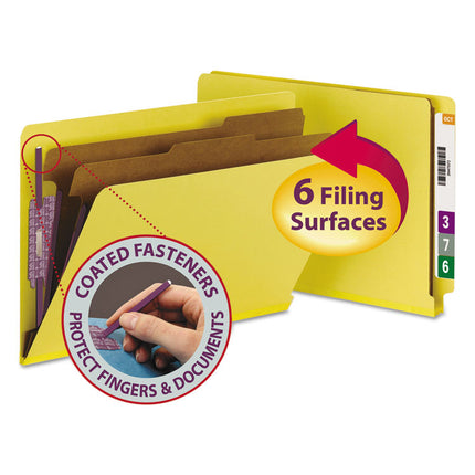 End Tab Pressboard Classification Folders, Six SafeSHIELD Fasteners, 2" Expansion, 2 Dividers, Legal Size, Yellow, 10/Box