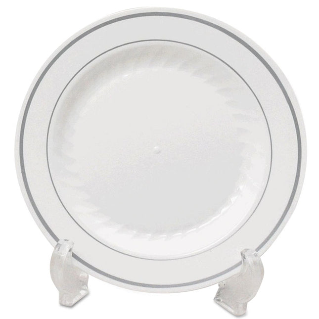 Masterpiece Plastic Dinnerware, Plate, 9" Dia, White/silver, 12/pack, 10 Packs/carton