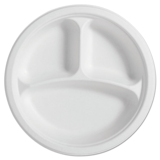 PaperPro Naturals Fiber Round Plates, 3-Compartment Plate, Paper, 10.25" dia, Natural, 125/Pack, 4 Packs/Carton