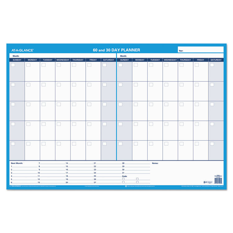 30/60-Day Undated Horizontal Erasable Wall Planner, 36 X 24, White/blue Sheets, Undated