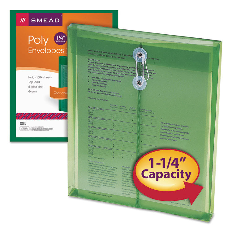 Poly String and Button Interoffice Envelopes, Open-End (Vertical), 9.75 x 11.63, Transparent Green, 5/Pack