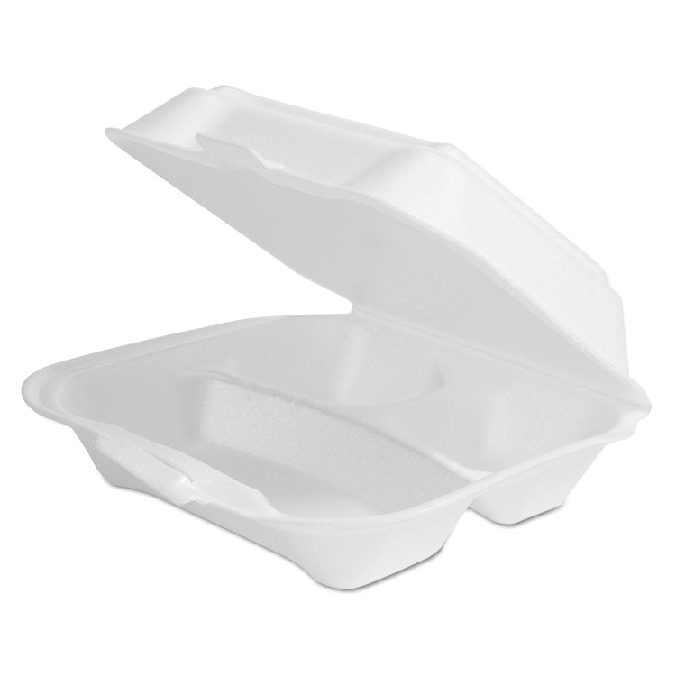 Foam Hinged Lid Container Secure One Tab Latch, 3 Compartments, 7.81 x 8.75 x 3.38, White, 100/Sleeve, 2 Sleeves/Bag