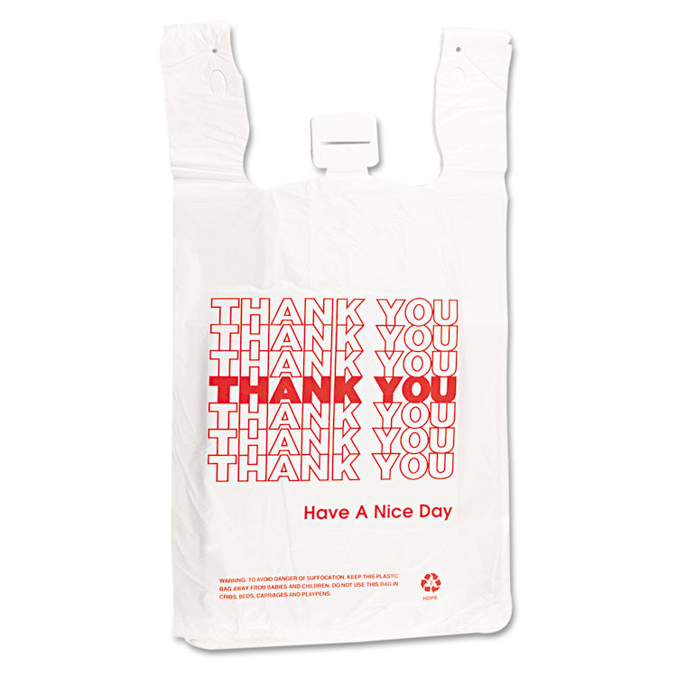 Plastic Thank-You T-Sack, Thank You - Have a Nice Day Labeling, Cut-Out Handles, 4" x 6" x 15", White/Red, 2,000/Carton