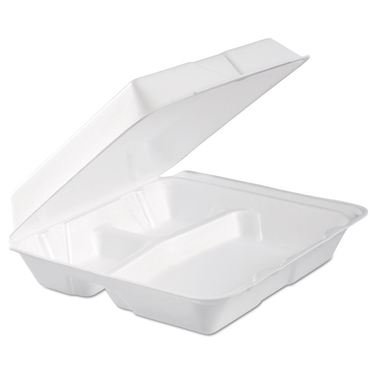 Foam Hinged Lid Container, 3 Compartments, 9.3 x 9.5 x 3, White, 100/Bag, 2 Bag/Carton