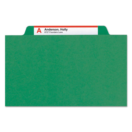 Four-Section Pressboard Top Tab Classification Folders, Four SafeSHIELD Fasteners, 1 Divider, Letter Size, Green, 10/Box