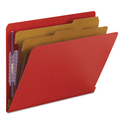 End Tab Pressboard Classification Folders, Six SafeSHIELD Fasteners, 2" Expansion, 2 Dividers, Letter Size, Bright Red, 10/BX