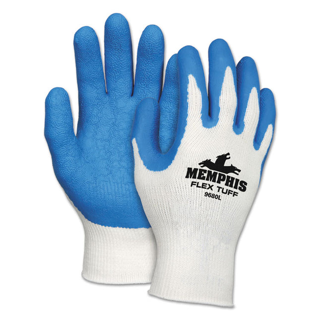 Premium Latex-Coated String-Knit Gloves, Medium, White/blue, 12 Pairs