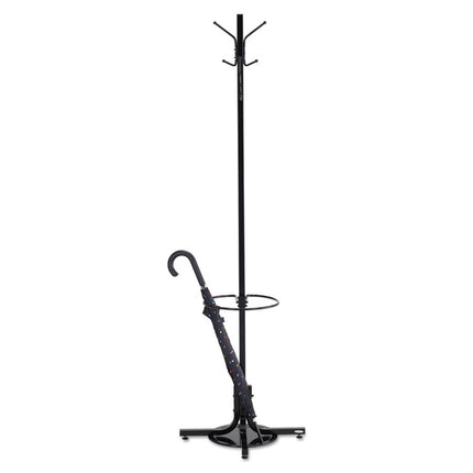Metal Costumer with Umbrella Holder, Four Ball-Tipped Double-Hooks, 21w x 21d x 70h, Black
