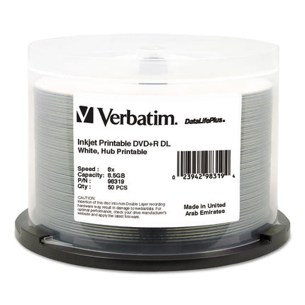 Dvd+r Dual Layer Printable Recordable Disc, 8.5 Gb, 8x, Spindle, White, 50/pack