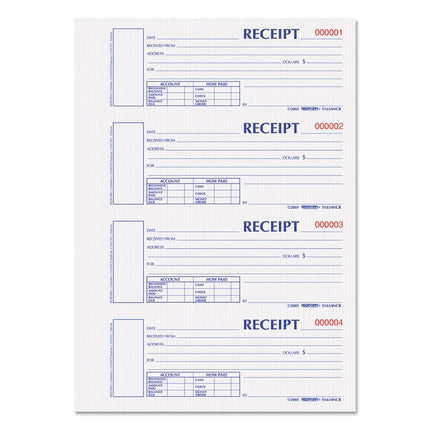 Durable Hardcover Numbered Money Receipt Book, Two-Part Carbonless, 6.88 x 2.75, 4 Forms/Sheet, 300 Forms Total