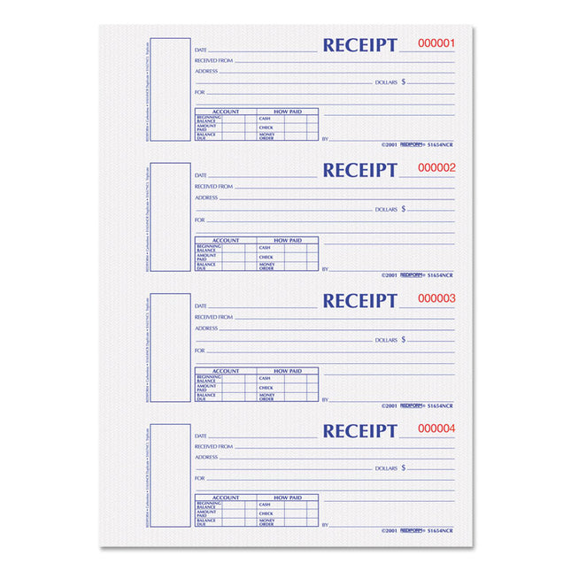 Durable Hardcover Numbered Money Receipt Book, Two-Part Carbonless, 6.88 x 2.75, 4 Forms/Sheet, 300 Forms Total