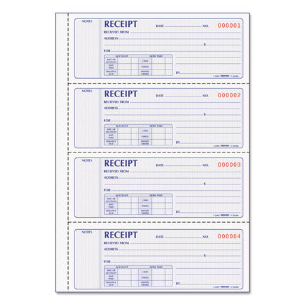 Money Receipt Book, Softcover, Two-Part Carbonless, 7 x 2.75, 4 Forms/Sheet, 200 Forms Total