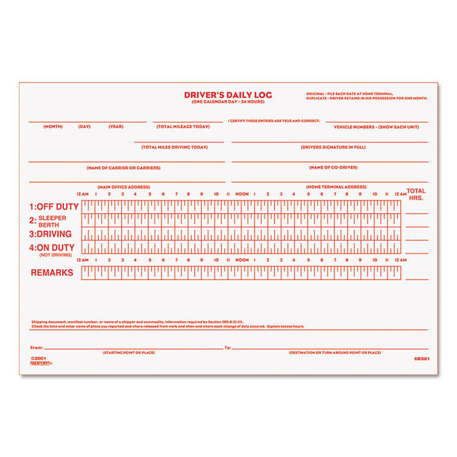 Driver's Daily Log Book with Daily Record and Hours Summary, Two-Part Carbonless, 7.88 x 5.5, 31 Forms Total