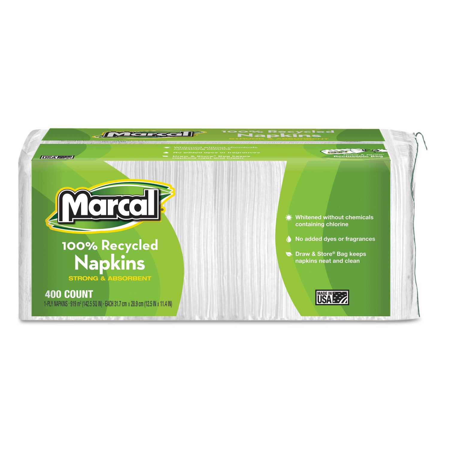 100% Recycled Lunch Napkins, 1-Ply, 11.4 X 12.5, White, 400/pack