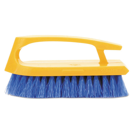 Iron-Shaped Handle Scrub Brush, Blue Polypropylene Bristles, 6" Brush, 6" Yellow Plastic Handle