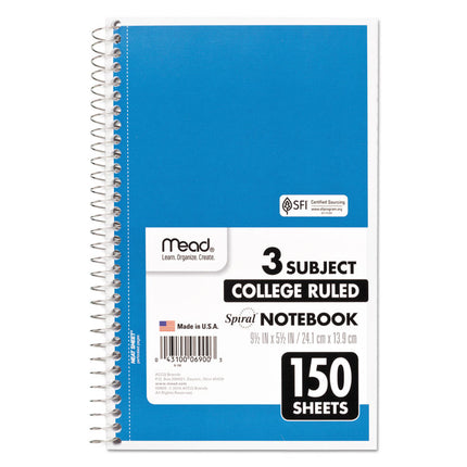 Spiral Notebook, 3-Subject, Medium/College Rule, Randomly Assorted Cover Color, (150) 9.5 x 5.5 Sheets
