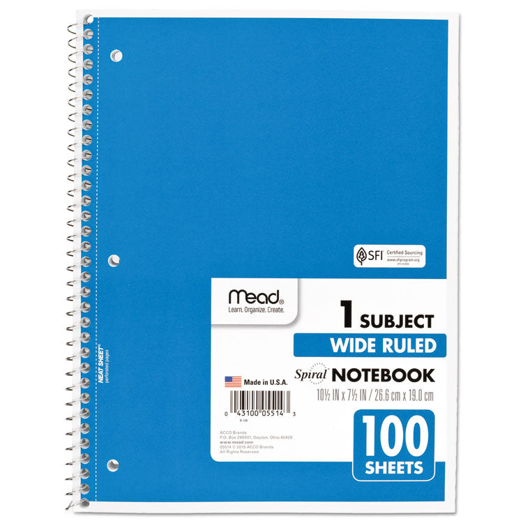 Spiral Notebook, 1-Subject, Wide/Legal Rule, Randomly Assorted Cover Color, (100) 10.5 x 7.5 Sheets