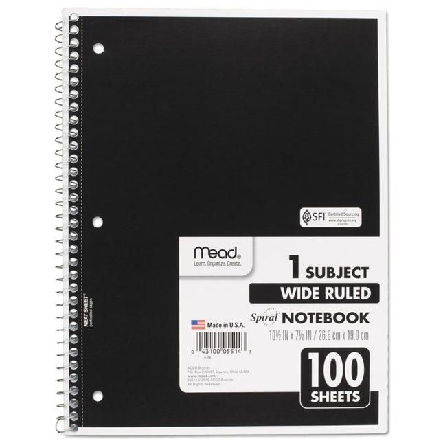 Spiral Notebook, 1-Subject, Wide/Legal Rule, Randomly Assorted Cover Color, (100) 10.5 x 7.5 Sheets