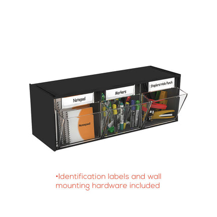 Tilt Bin Interlocking Multi-Bin Storage Organizer, 3 Sections, 23.63" X 7.75" X 9.5", Black/clear