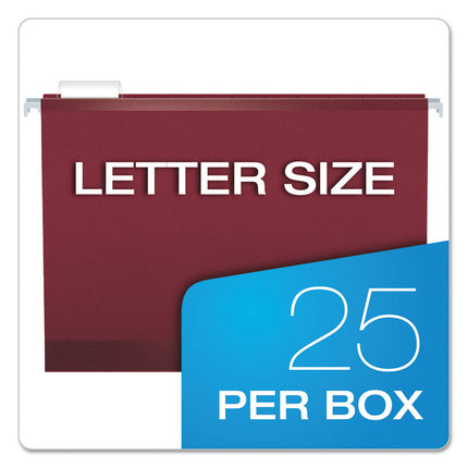 Colored Reinforced Hanging Folders, Letter Size, 1/5-Cut Tabs, Burgundy, 25/Box