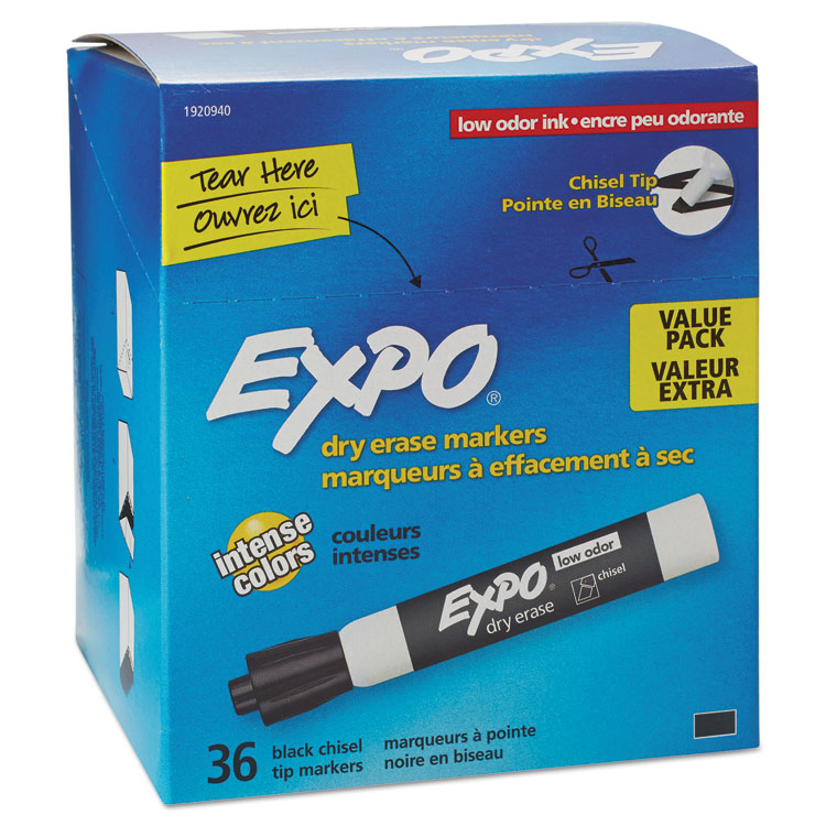 Low-Odor Dry-Erase Marker Value Pack, Broad Chisel Tip, Black, 36/box