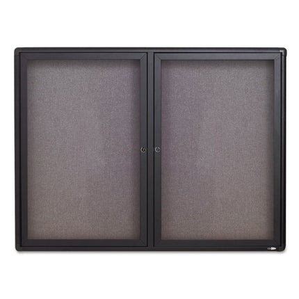 Enclosed Indoor Fabric Bulletin Board with Two Hinged Doors, 48" x 36", Gray Surface, Graphite Gray Aluminum Frame
