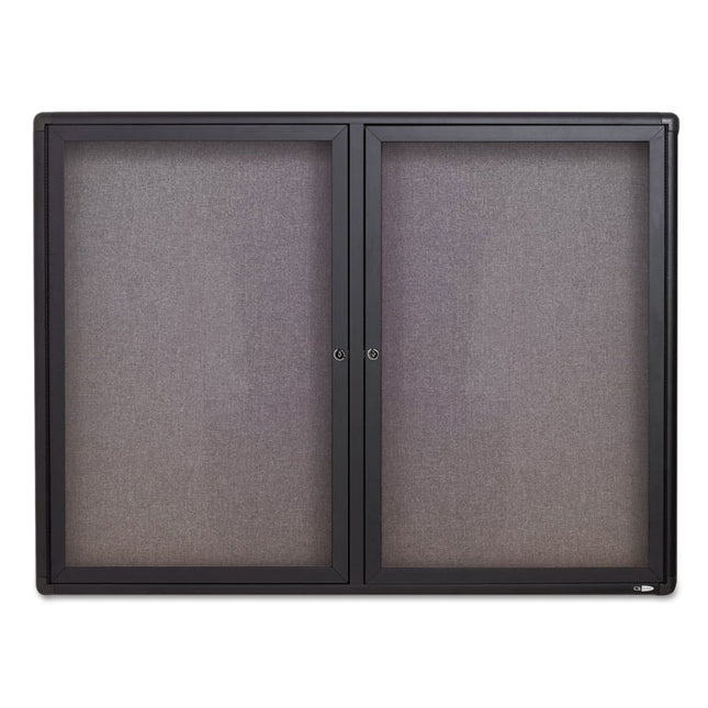 Enclosed Indoor Fabric Bulletin Board with Two Hinged Doors, 48" x 36", Gray Surface, Graphite Gray Aluminum Frame