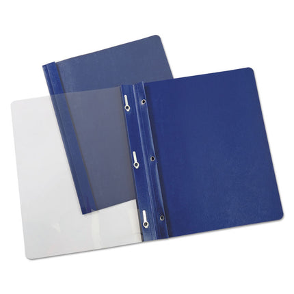 Clear Front Report Covers with Fasteners, Three-Prong Fastener, 0.5" Capacity, 8.5 x 11, Clear/Dark Blue, 25/Box