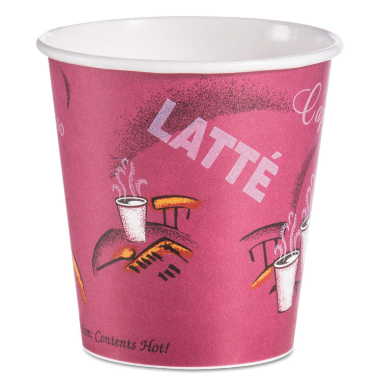 Paper Hot Drink Cups in Bistro Design, 3.54" Diameter x 3.61" h, 10 oz, Maroon, 1,000/Carton